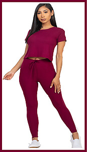 Burgundy Crop Top Long Pant Sets