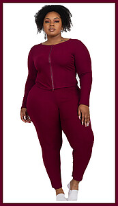 Burgundy Zip Crop Top Lounge Set Plus