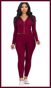 Burgundy Zip Crop Top Lounge Set