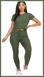 Olive Green Crop Top Long Pant Sets