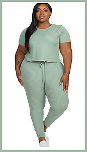 Sage Green Crop Top Long Pant Set Plus