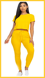 Yellow Crop Top Long Pant Sets
