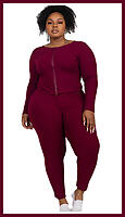 Burgundy Zip Crop Top Lounge Set Plus