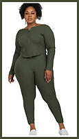 Olive Green Zip Crop Top Lounge Set Plus