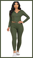 Olive Green Zip Crop Top Lounge Set